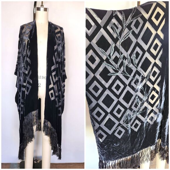 Crushed VELVET Fringed Duster Cloak Cape Flapper Shawl Piano - OS - Picture 1 of 10